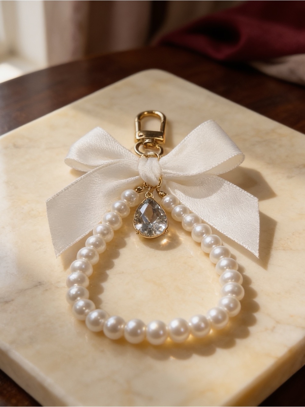Pearl Bow Charm Keyring with Crystal Teardrop